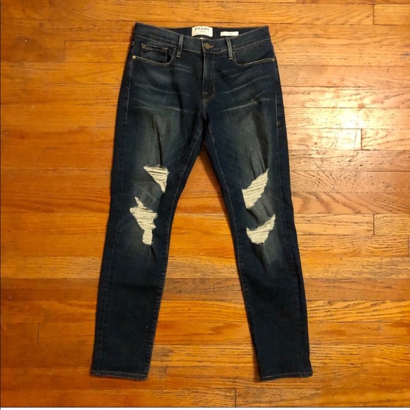 Frame Le Garçon Distressed Dark Wash High Rise Skinny Jeans - Picture 2 of 6